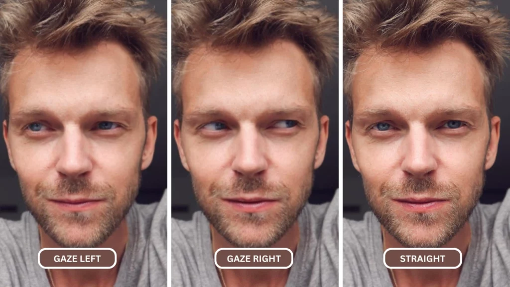 Jeune homme en t-shirt gris regardant vers la gauche, la droite et droit