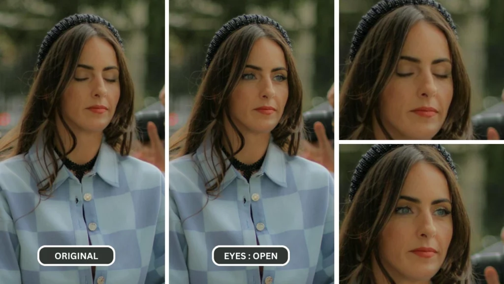 Filtro occhi chiusi applicato a una donna in abito blu e collana nera