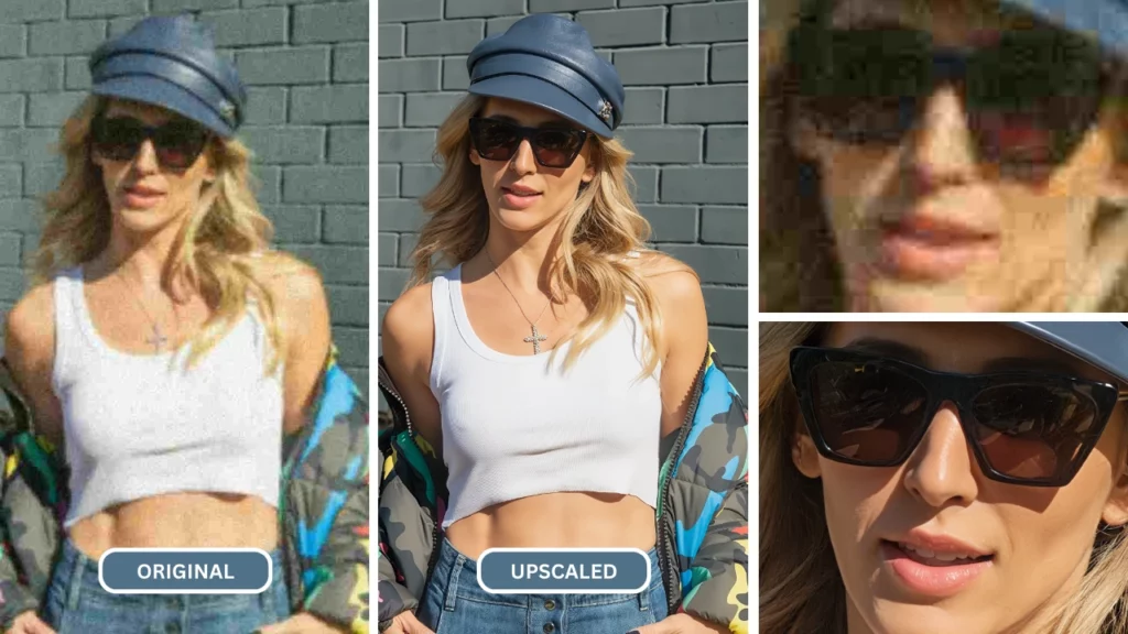 Hochskaliertes Bild einer Dame in Tanktop und Sonnenbrille, die eine blaue Kappe trägt