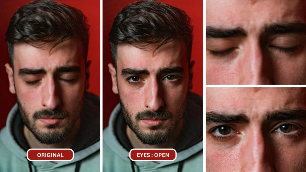 Aprire gli occhi di un giovane con una felpa blu con l'aiuto della funzione di modifica delle espressioni di EraseID