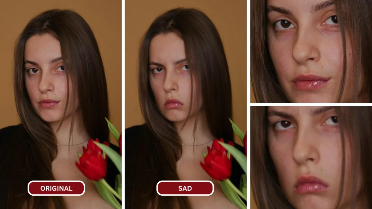 Mujer con cabello castaño sosteniendo un tulipán rojo usando Sad Face AI de EraseID