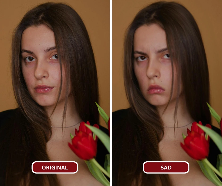 Sad Face AI de EraseID se utiliza en una imagen de una mujer que sostiene un tulipán rojo