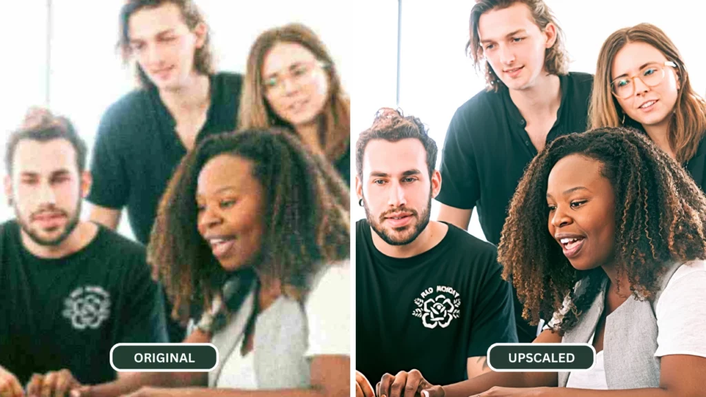 Ein Bild einer Teambesprechung wird mit der Upscaler-Funktion von SuperID hochskaliert.