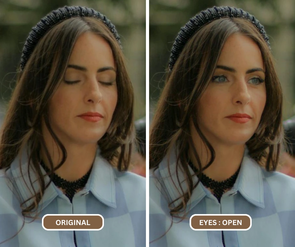 Primo piano di un'immagine di donna con occhi azzurri e vestito