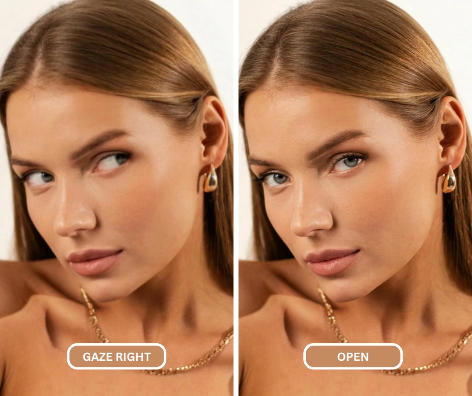 Femme aux yeux verts regardant vers la droite et ouvert avec EraseID