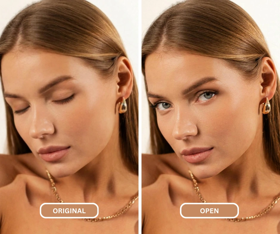 Image originale d'une femme aux yeux fermés, ouverte à l'aide des fonctionnalités d'IA de EraseID