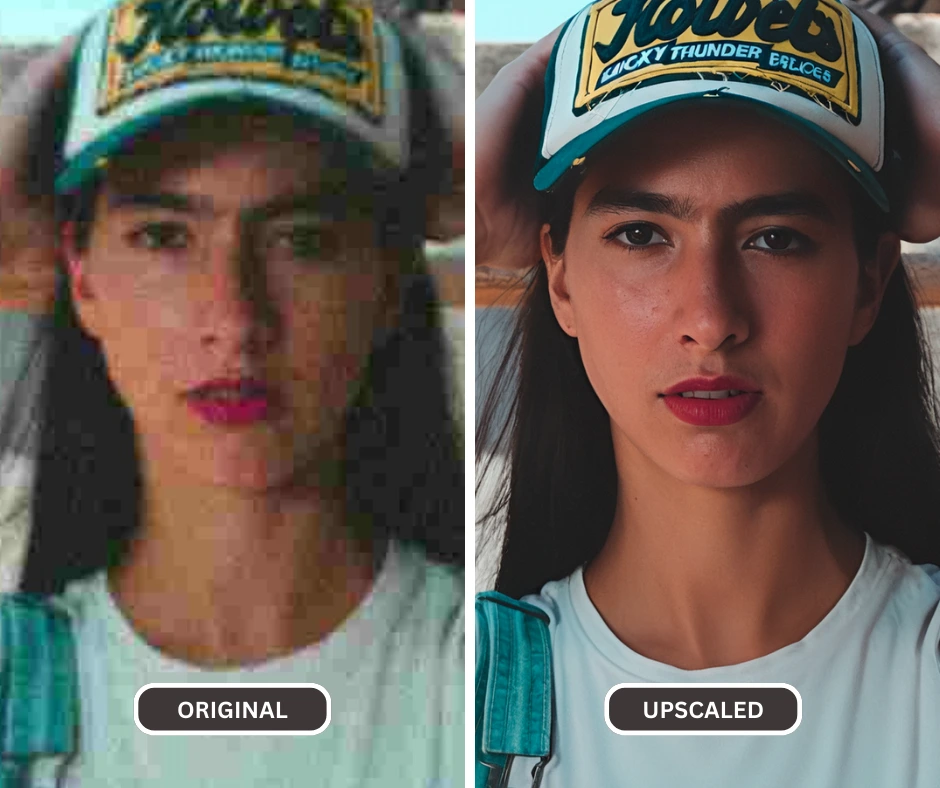 So erstellen Sie mit SuperID eine PNG-Datei mit höherer Auflösung auf einem Bild eines jungen Mädchens mit schicker Mütze und weißem Oberteil