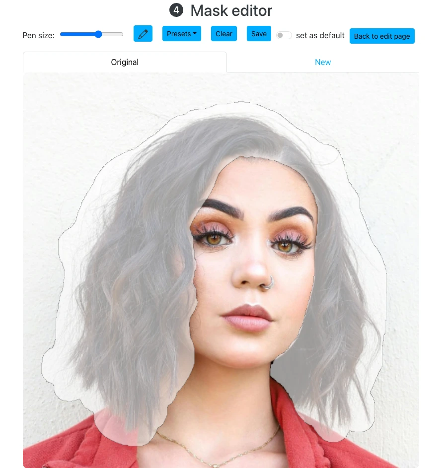 Highlighting the hair section of the corset girl in eraseid's mask editor