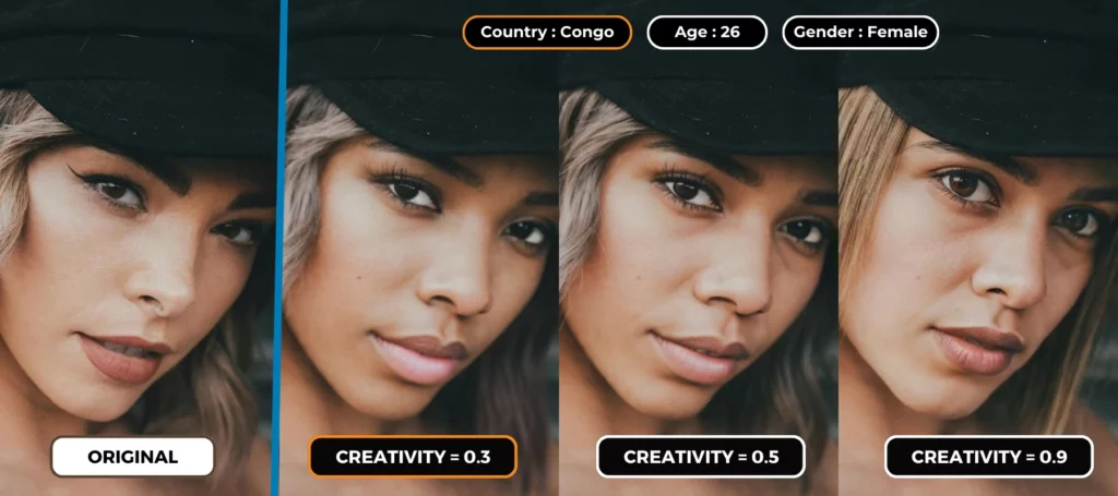 Woman in black hat has her identity changed by changing the creativity parameter by eraseid