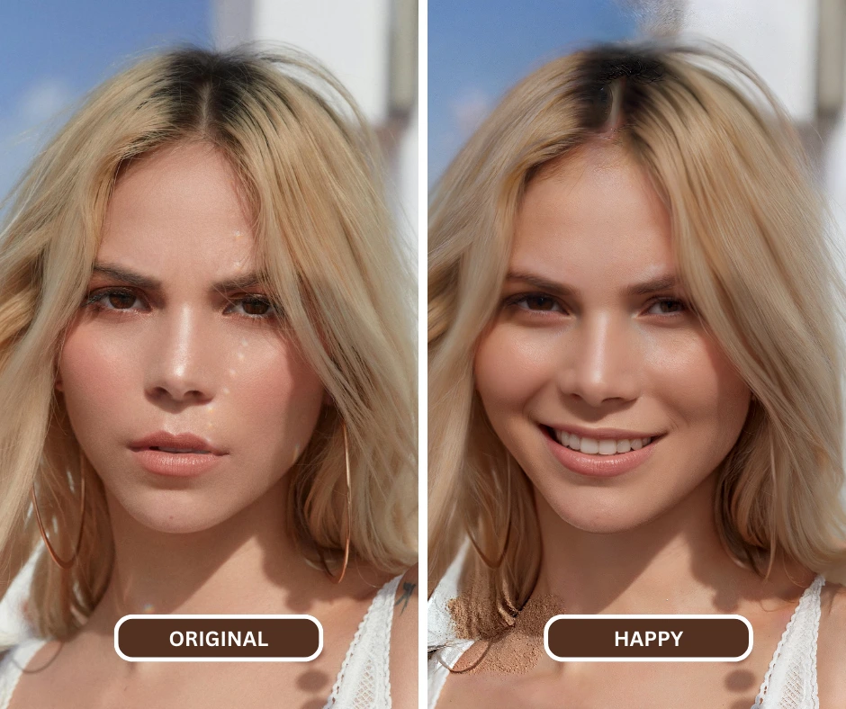 immagine ravvicinata di una donna bionda felice dopo l'immagine modificata con eraseid