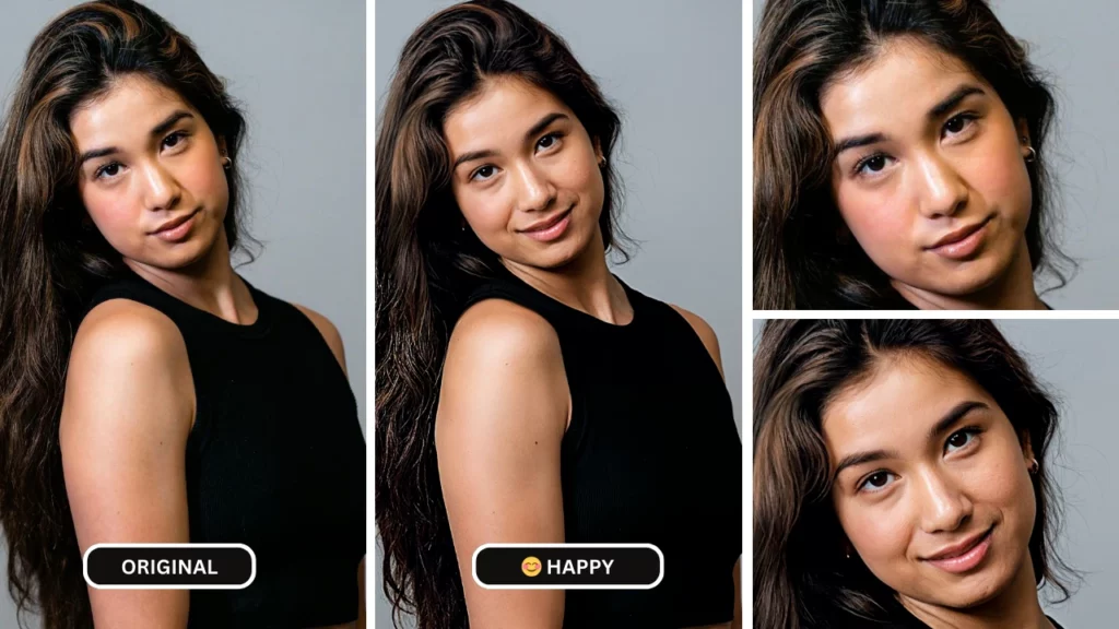 EraseID wird als Smile-Editor verwendet, um einem Bild einer Frau im schwarzen Sporttop einen fröhlichen Ausdruck zu verleihen