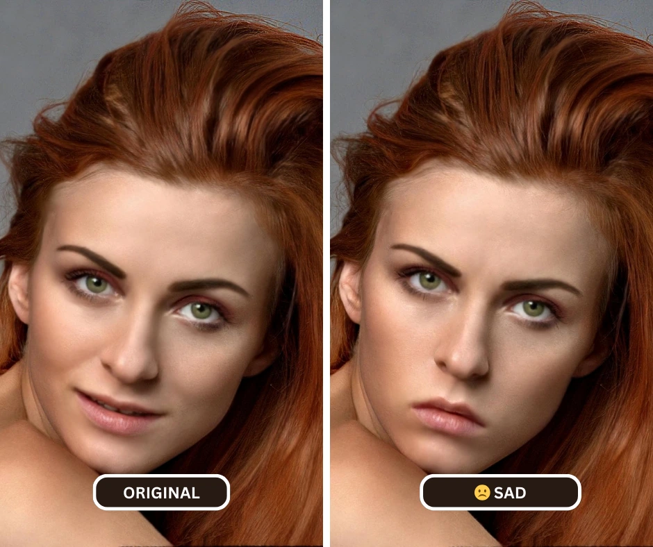 Frau mit roten Haaren und grünen Augen Nahaufnahme Vergleich trauriges Gesicht Filter online