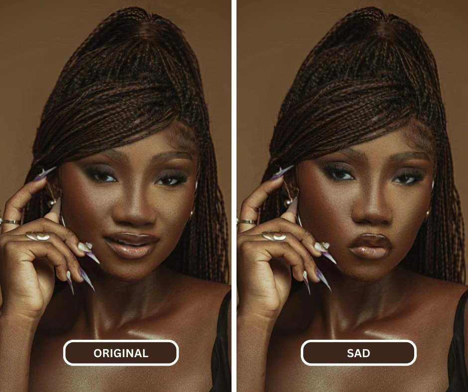 Nahaufnahmebildvergleich einer Frau mit Zöpfen und schwarzem Oberteil, die einen traurigen Gesichtsausdruck macht, mit EraseID