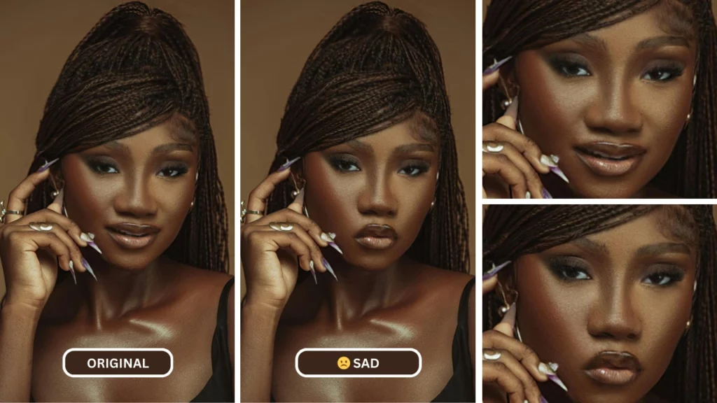 Frau mit Zöpfen und langen Nägeln machte mithilfe von KI von EraseID einen traurigen Gesichtsausdruck