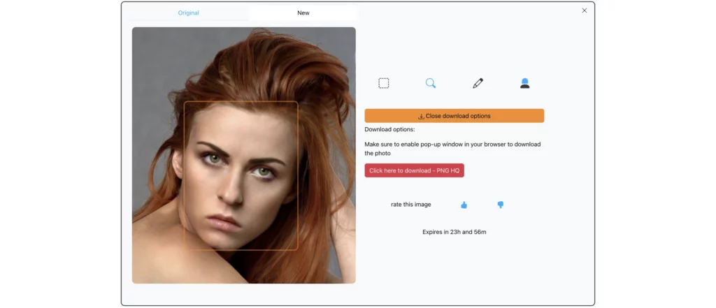 Online-Filter für traurige Gesichter namens EraseID, verwendet auf einem Bild einer Frau mit roten Haaren und grünen Augen