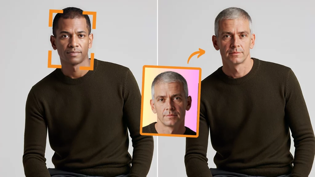 Changing identity of a man in green sweatshirt to an old man with grey hair