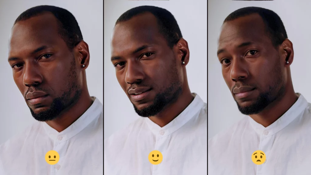 Young Black man in white shirt changing expressions with EraseID's change expressions feature
