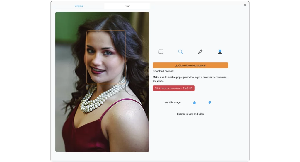 Final image of a woman in red dress and necklace using smiling face ai EraseID