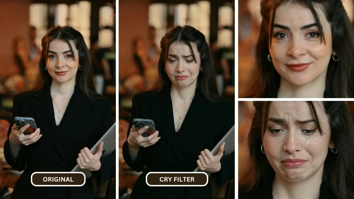Utilisation d'une application de filtre de pleurs sur une image d'une jeune fille en tenue noire tout en tenant un ordinateur portable