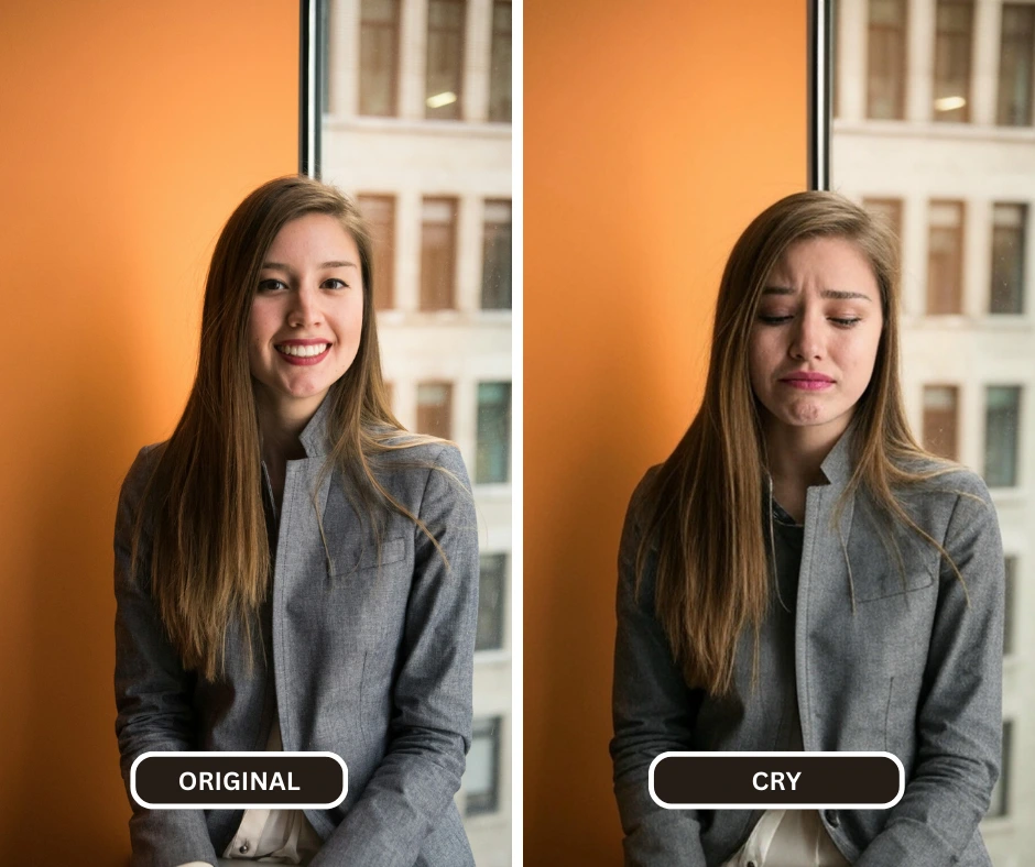 Jeune femme blonde en veste grise et mur orange en arrière-plan