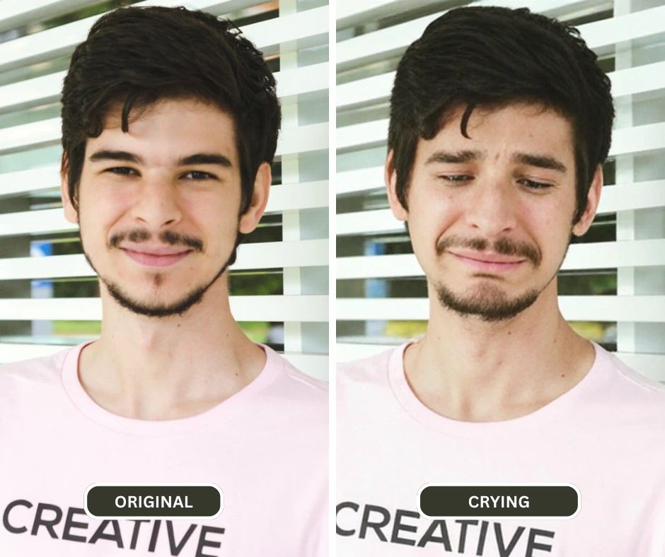 comparer une image triste d'un jeune garçon en t-shirt rose avec l'image originale