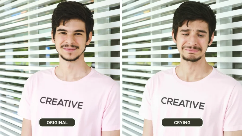 Utiliser Eraseid pour créer un visage triste d'un homme en rose basé sur l'image originale