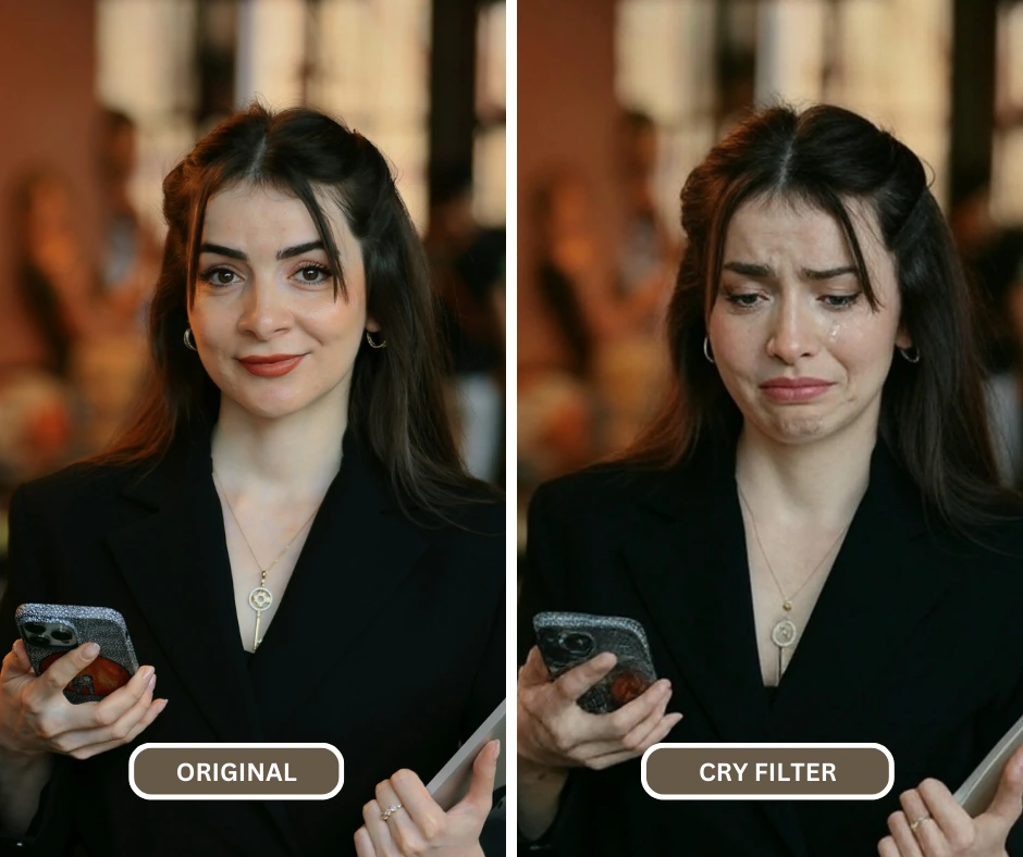 EraseID est utilisé comme une application de filtre de pleurs créant une image de pleurs d'une femme en tenue noire et collier