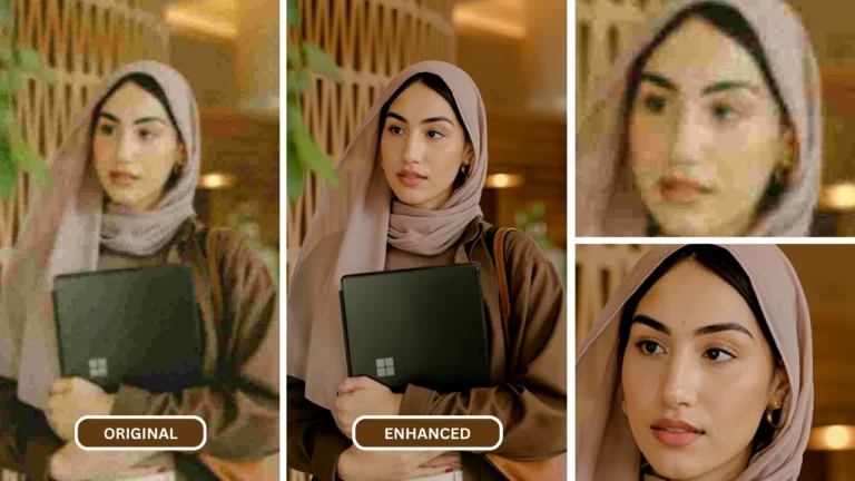 améliorer la qualité de la photo après avoir utilisé SuperID sur une image d'une femme portant un foulard rose et tenant un ordinateur portable Microsoft