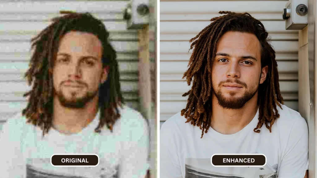 Immagine migliorata di un ragazzo con i capelli intrecciati e una maglietta bianca