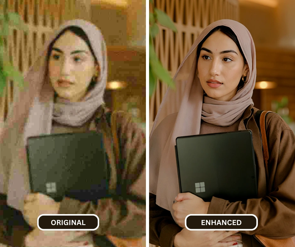 Confronto per migliorare la qualità della foto di un'immagine di una donna in top marrone che tiene in mano un computer portatile