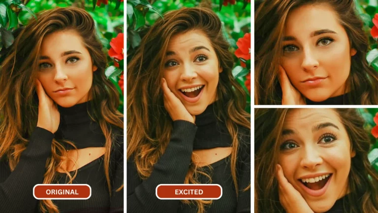 excited facial expression of a young beautiful woman in black top and brown hair
