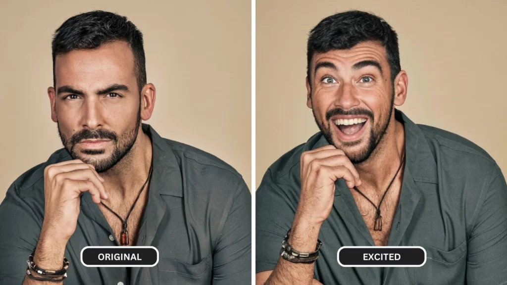 Young man in grey shirt excited