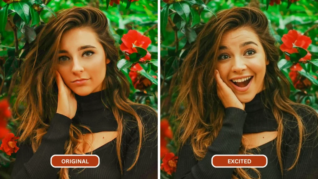 excited facial expression of a young beautiful woman in black outfit