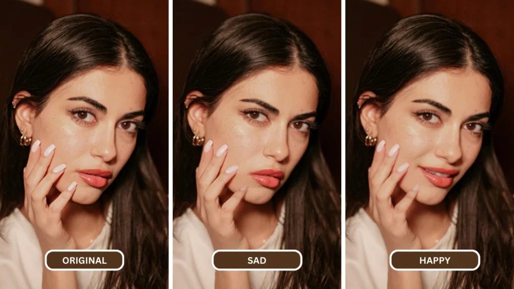 expression editor of a white girl with black hair being sad and happy from the original image