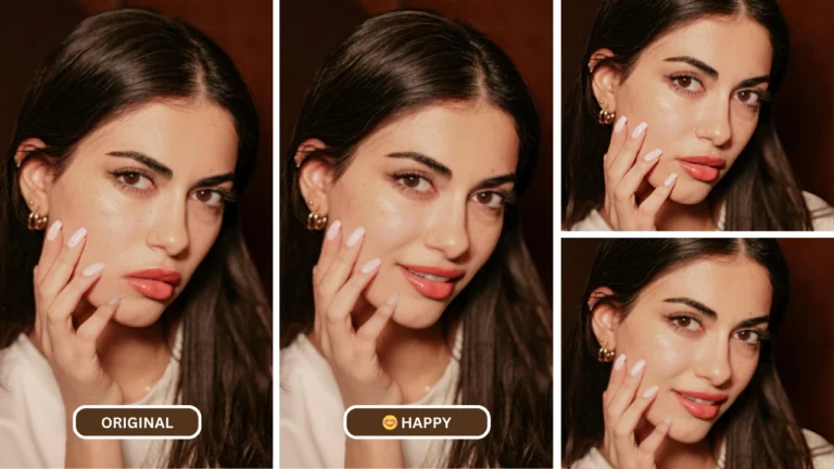 Ausdruckseditor mit EraseID zum Ändern des Ausdrucks eines Mädchens mit goldenen Ohrringen und weißem T-Shirt