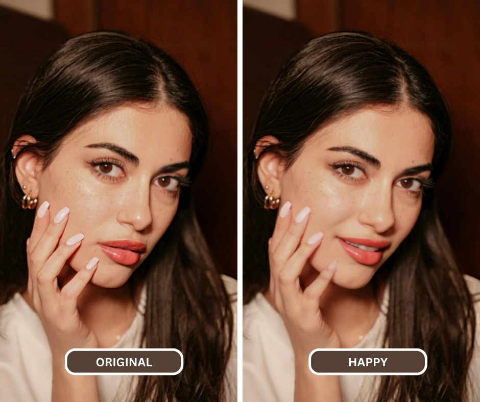 Creating happy expressions of a girl in black hair and white t-shirt