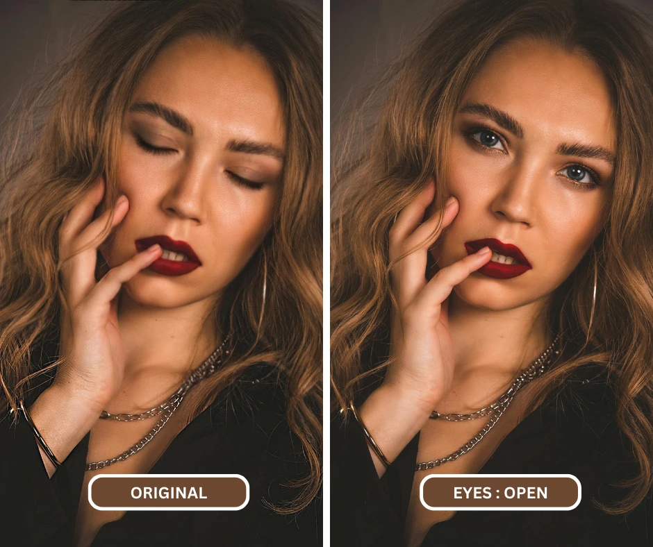 app open eyes di EraseID su un'immagine di donna con rossetto rosso e collane d'argento