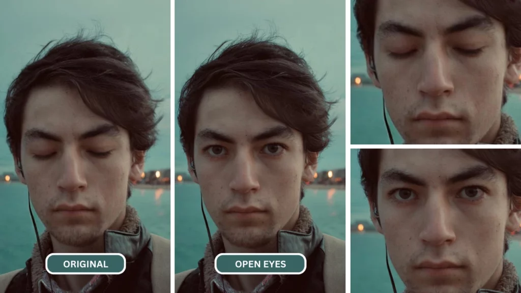 Confronto ravvicinato dell'uomo dai capelli lunghi che apre gli occhi con l'aiuto dell'intelligenza artificiale