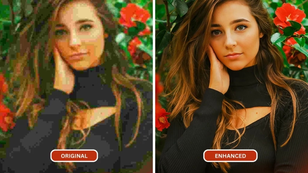 Comparaison de deux images après avoir amélioré le visage pixelisé d'une fille en tenue noire et cheveux blonds