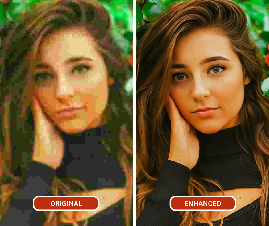 Amélioration du visage pixelisé d'une jeune femme en tenue noire, comparaison en gros plan