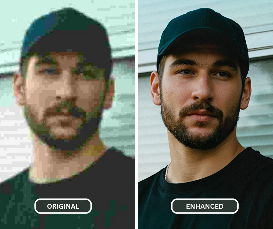 Comparaison d'images en gros plan d'un homme barbu améliorées à l'aide de SuperID
