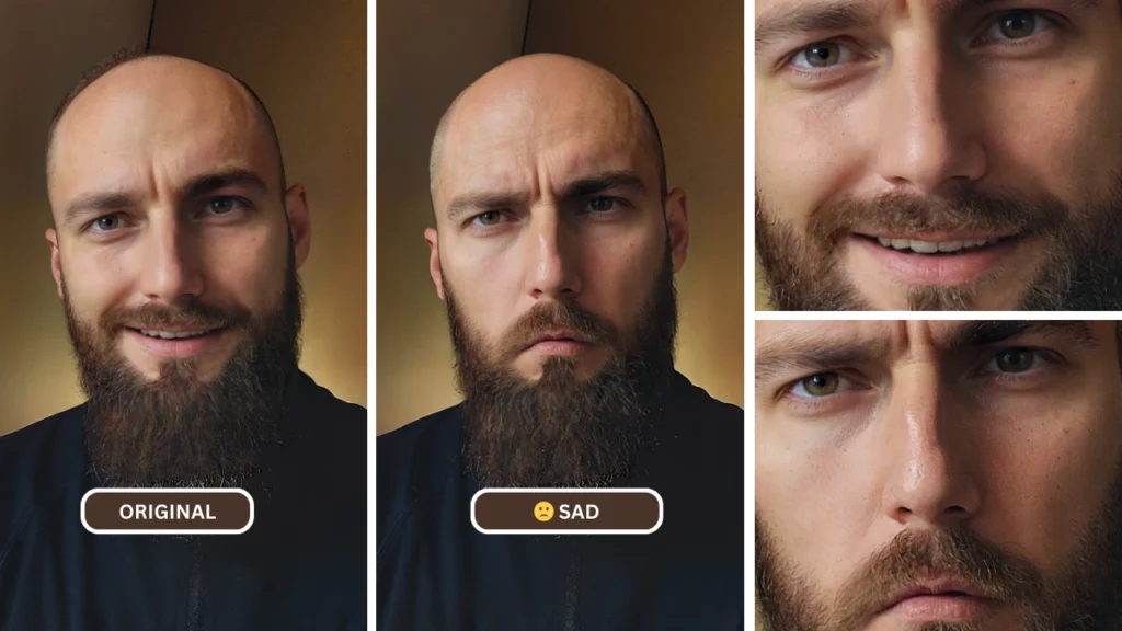 Homme chauve avec une longue barbe utilisant un filtre triste pour faire une comparaison de visage triste à partir de l'image originale