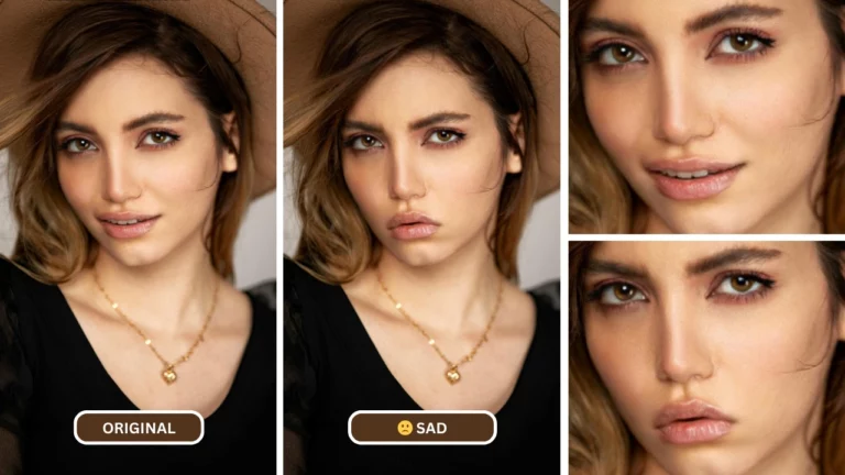 sad face generator being used on an image of a young woman with gold necklace and brown hat