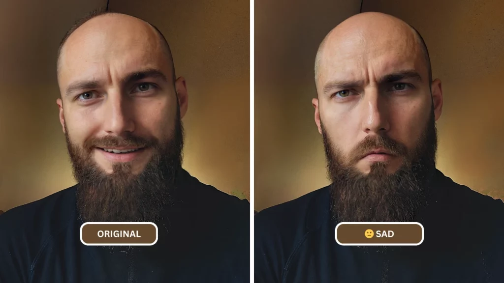 Homme chauve avec une longue barbe avec une comparaison d'image améliorée de l'original à l'expression triste