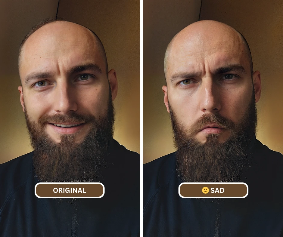 Homme avec une longue barbe brune comparant une expression triste en utilisant EraseID