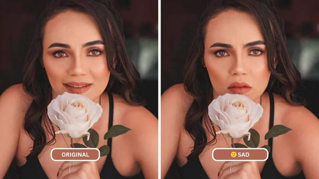 Image de comparaison d'une femme en haut noir tenant une fleur blanche