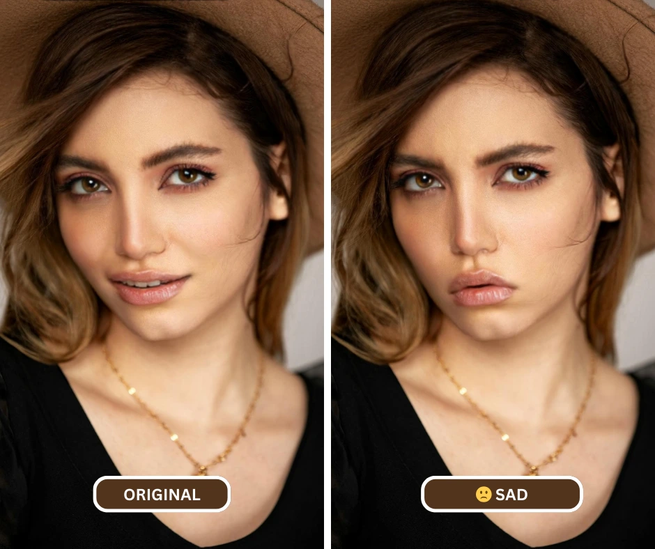 générateur de visage triste avec des yeux marron et un chapeau tout en portant une chaîne en or