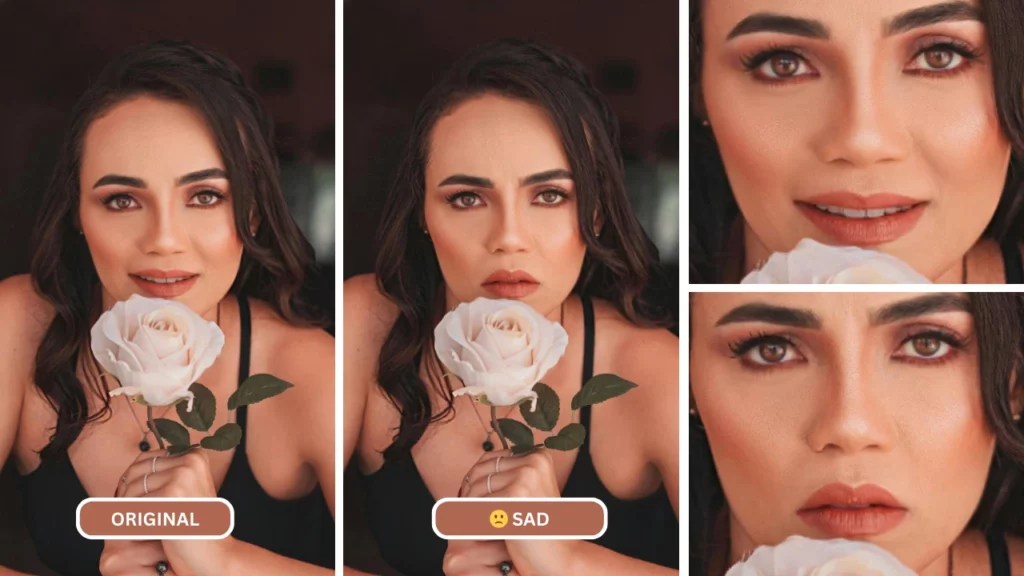 Jeune femme tenant une fleur blanche tout en étant utilisée par une IA pour générer une expression faciale triste