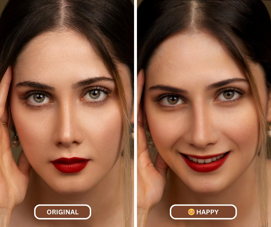 Comparación antes y después utilizando un generador de caras sonrientes en una imagen de una mujer joven con ojos verdes y lápiz labial rojo