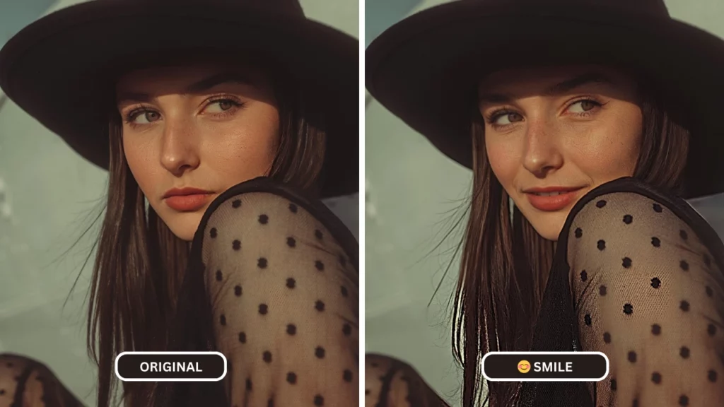 Comparando dos imágenes de una mujer sonriendo con un vestido negro después de usar EraseID como generador de caras sonrientes